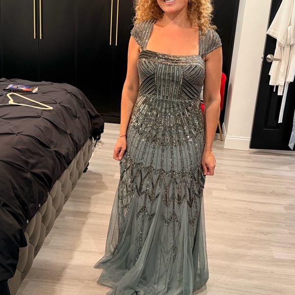 Adrianna Papell Dresses & Skirts - Adrianna Papell Beaded Halter Gown in Dusty Teal and Silver